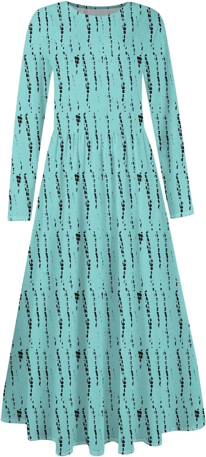 Womens Comfortable Fashion Solid Color Long Dress Crew Neck Long Sleeve Trendy Summer Dresses