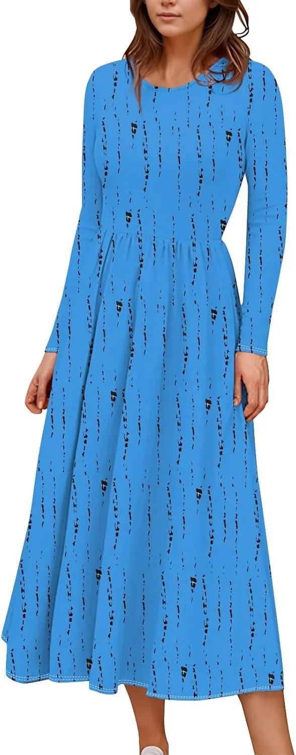 Womens Comfortable Fashion Solid Color Long Dress Crew Neck Long Sleeve Trendy Summer Dresses