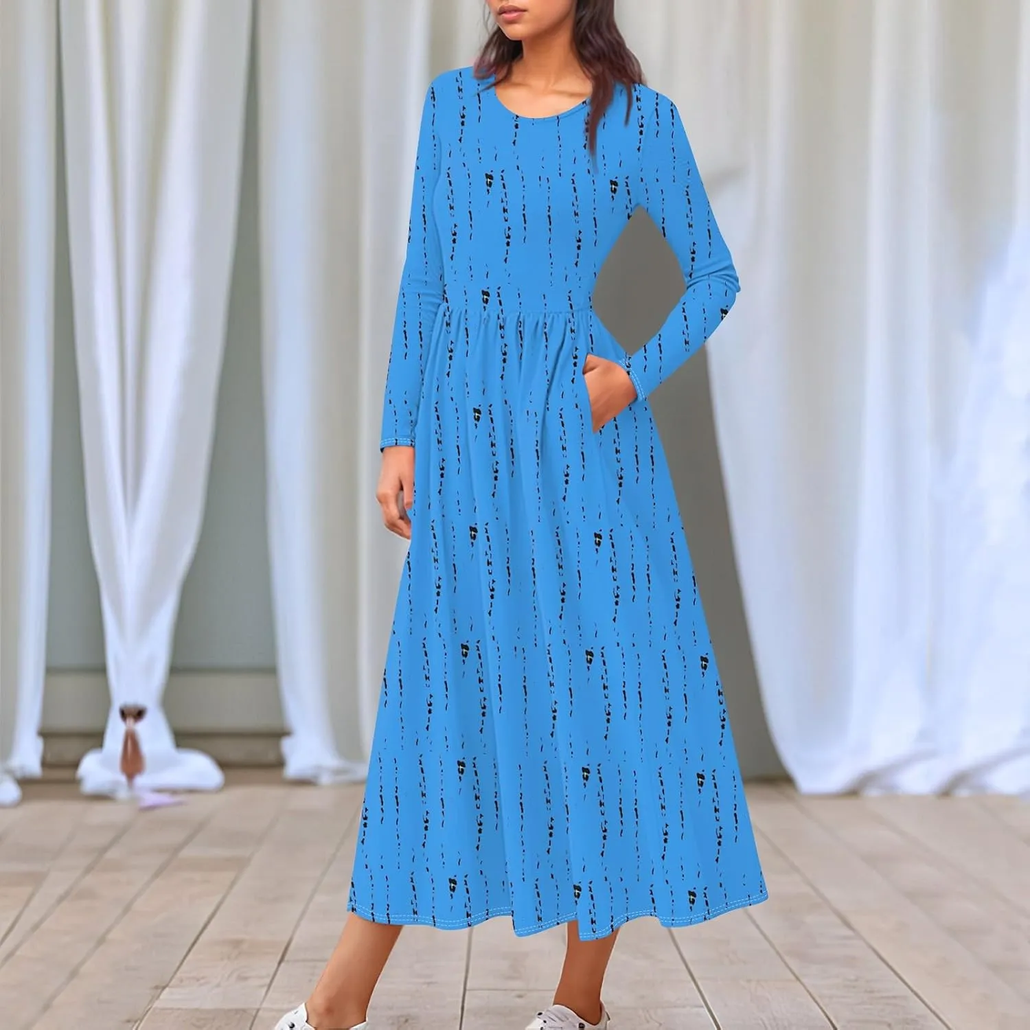 Womens Comfortable Fashion Solid Color Long Dress Crew Neck Long Sleeve Trendy Summer Dresses
