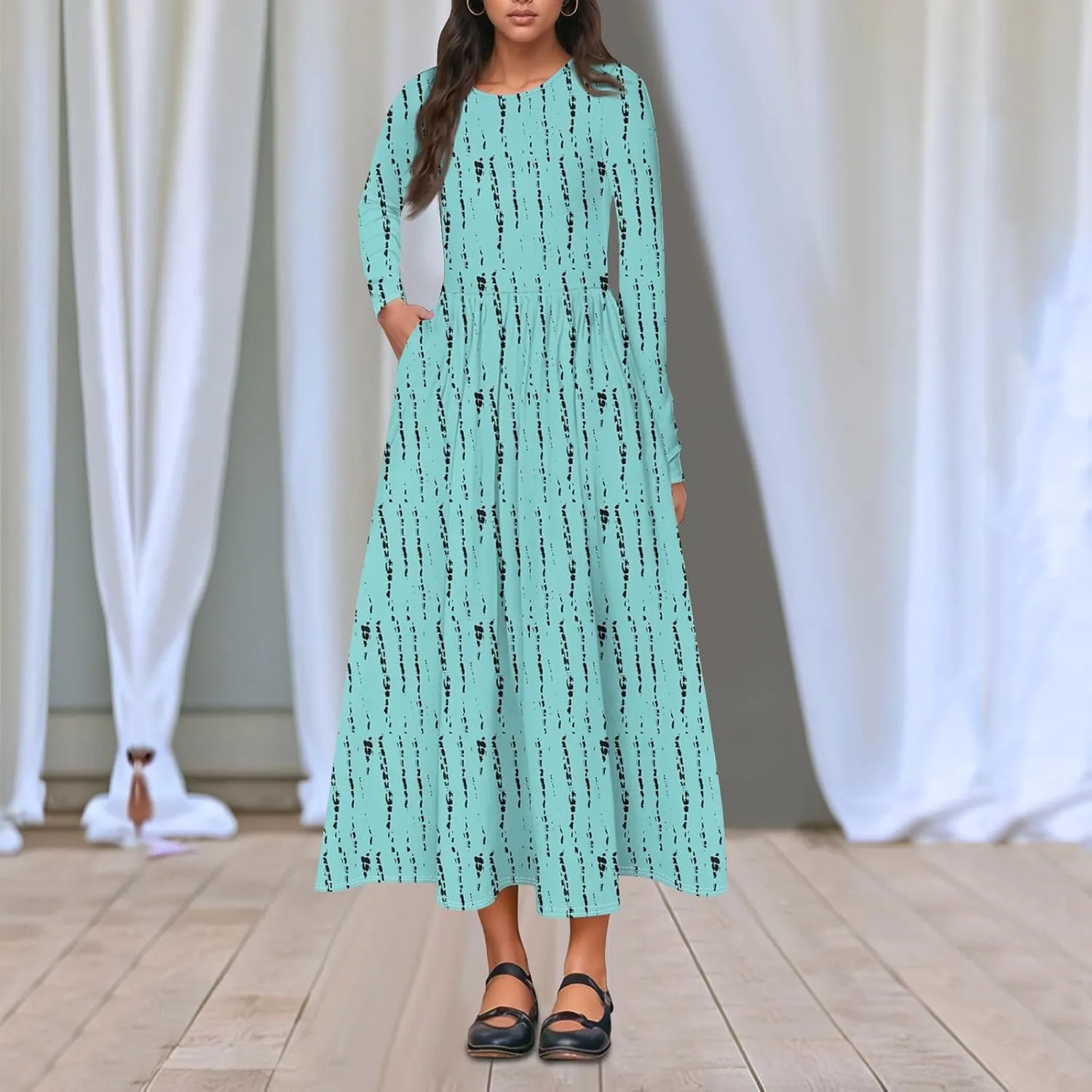 Womens Comfortable Fashion Solid Color Long Dress Crew Neck Long Sleeve Trendy Summer Dresses
