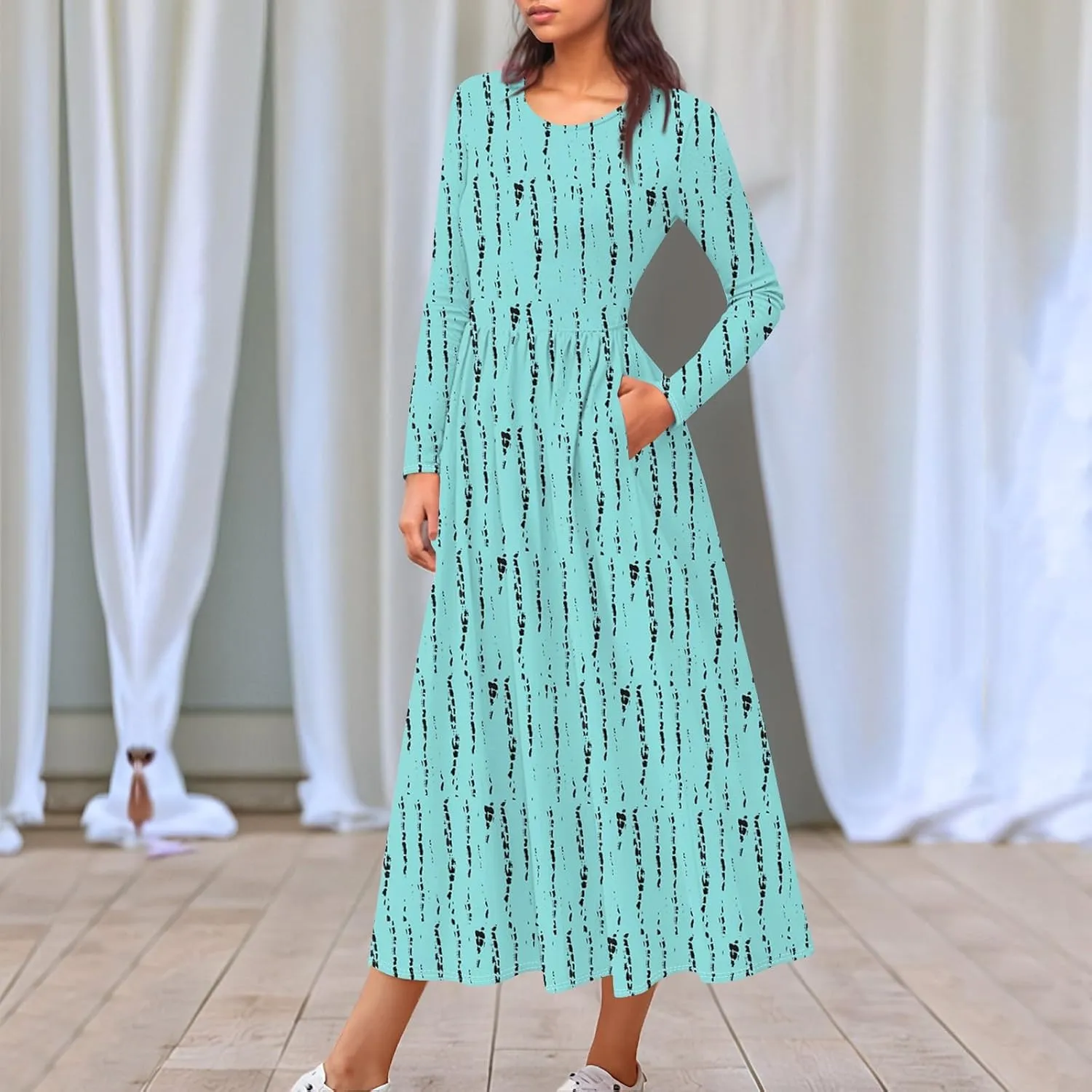 Womens Comfortable Fashion Solid Color Long Dress Crew Neck Long Sleeve Trendy Summer Dresses