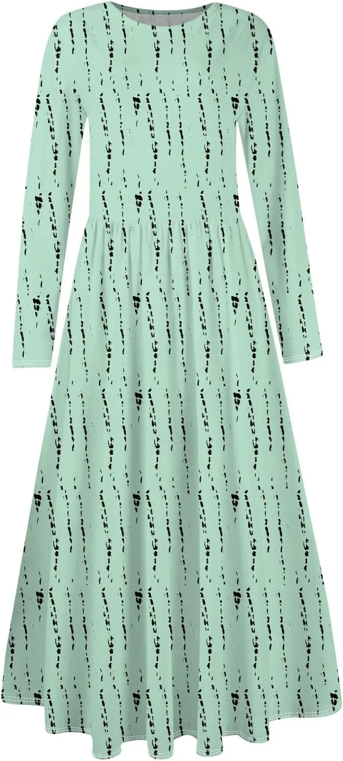 Womens Comfortable Fashion Solid Color Long Dress Crew Neck Long Sleeve Trendy Summer Dresses