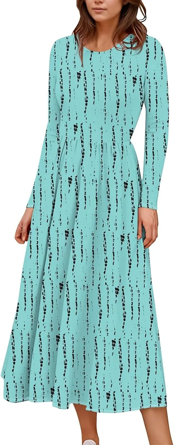 Womens Comfortable Fashion Solid Color Long Dress Crew Neck Long Sleeve Trendy Summer Dresses