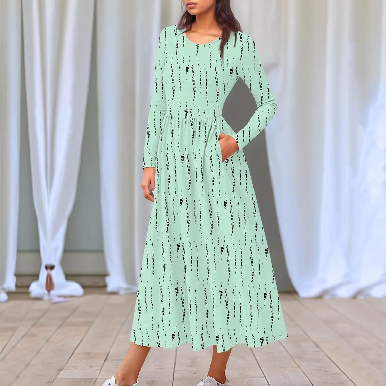 Womens Comfortable Fashion Solid Color Long Dress Crew Neck Long Sleeve Trendy Summer Dresses