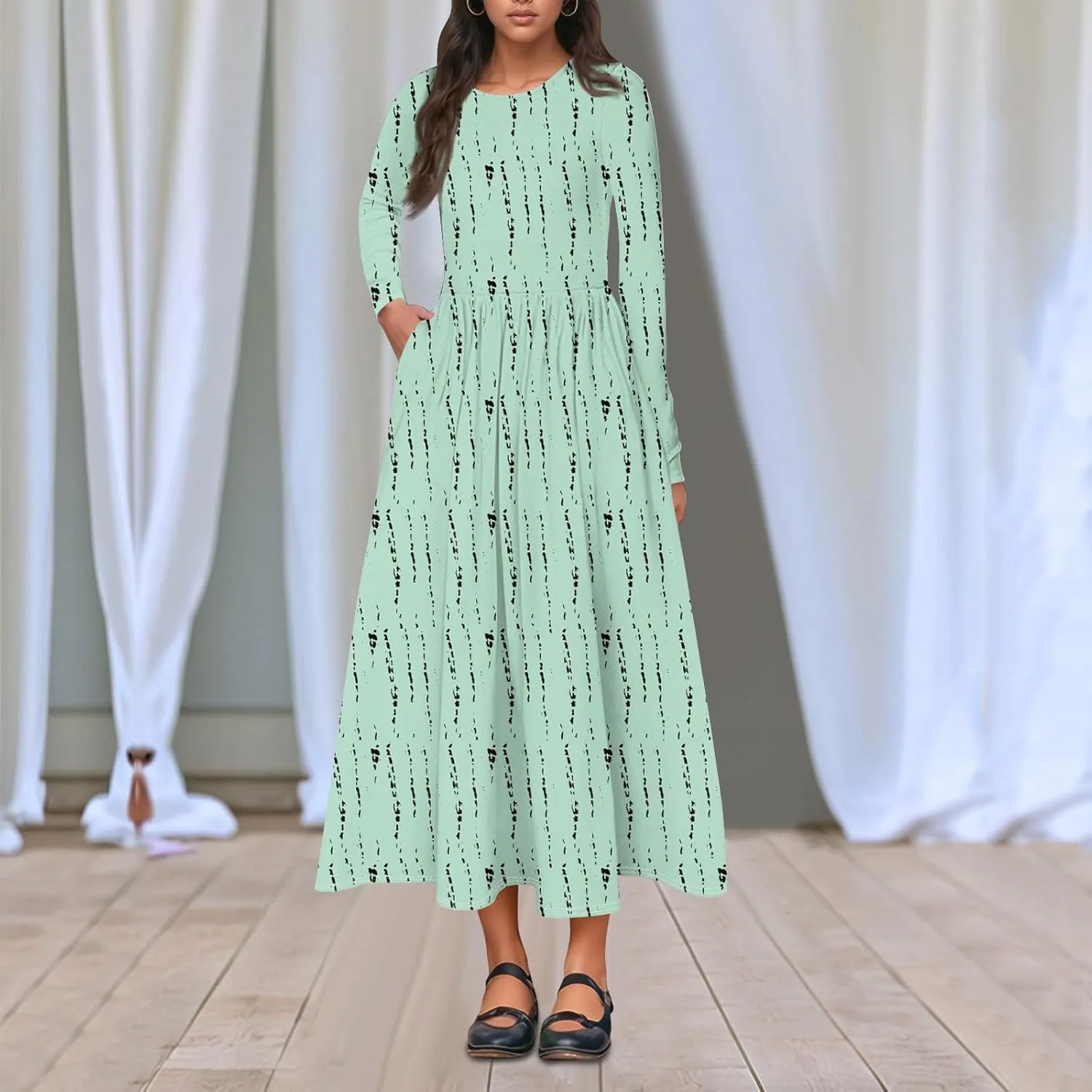 Womens Comfortable Fashion Solid Color Long Dress Crew Neck Long Sleeve Trendy Summer Dresses