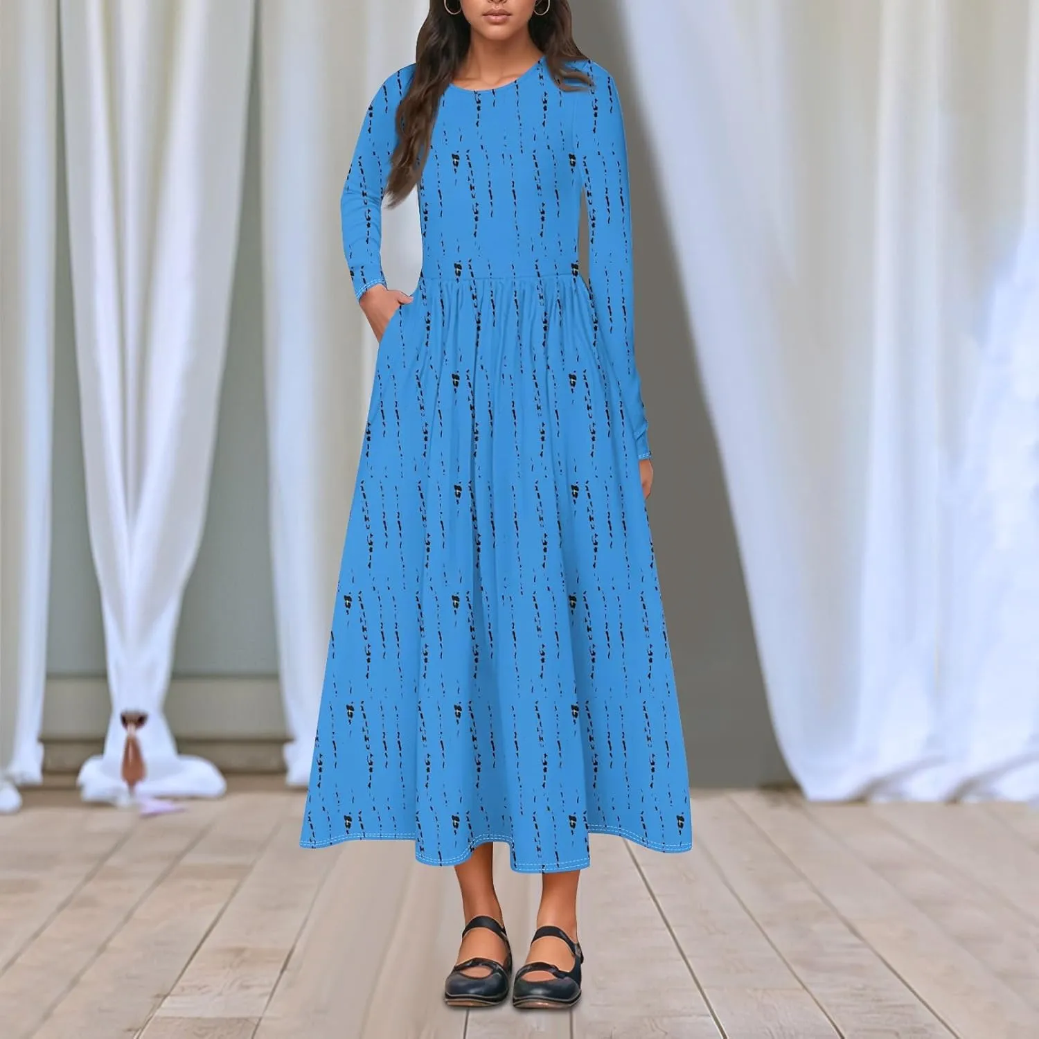 Womens Comfortable Fashion Solid Color Long Dress Crew Neck Long Sleeve Trendy Summer Dresses