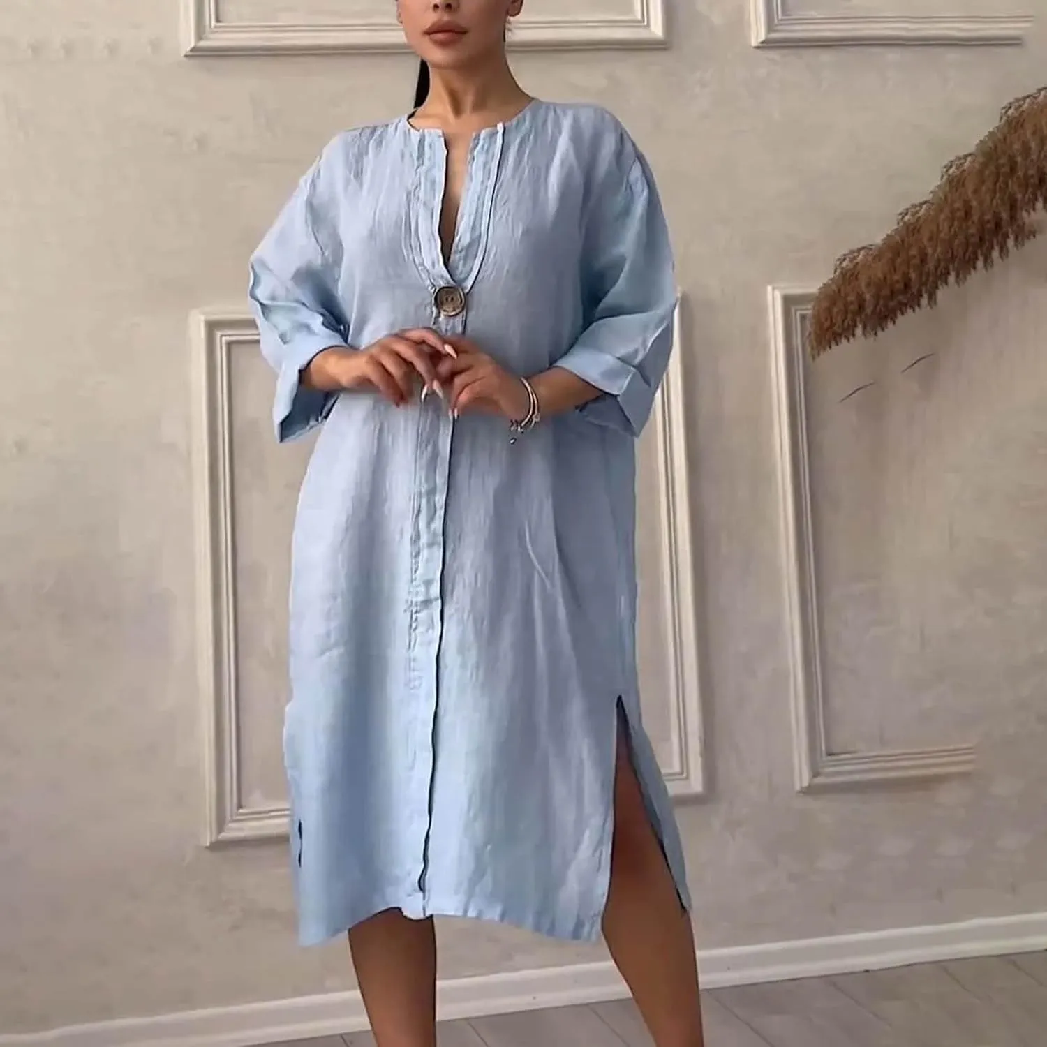 Womens Dresses 2025 Summer Half Sleeve V Neck Casual Dress Trendy Plus Size Split Hem Beach Midi Dresses with Pockets