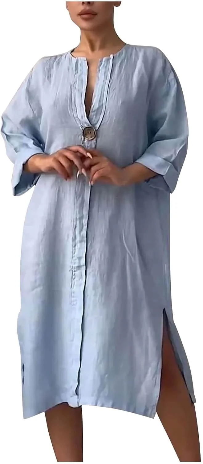 Womens Dresses 2025 Summer Half Sleeve V Neck Casual Dress Trendy Plus Size Split Hem Beach Midi Dresses with Pockets
