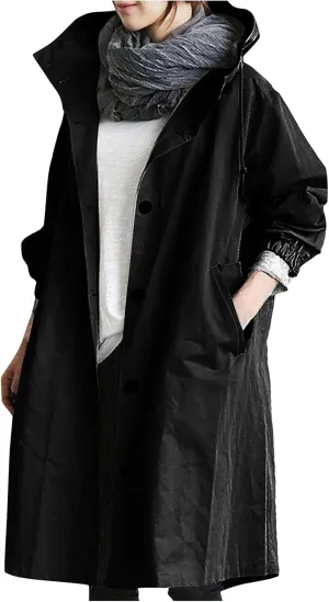 Women's Hooded Trenchcoat Windbreaker Plus Size Windproof Waterproof Long Jackets Raincoats for Women with Hood