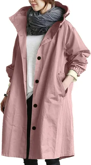 Women's Hooded Trenchcoat Windbreaker Plus Size Windproof Waterproof Long Jackets Raincoats for Women with Hood