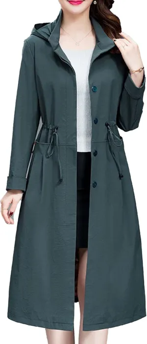 Women's Long Hooded Trench Coat Single Breasted Windproof Overcoat Spring Fall Fashion Windbreaker Long Jacket