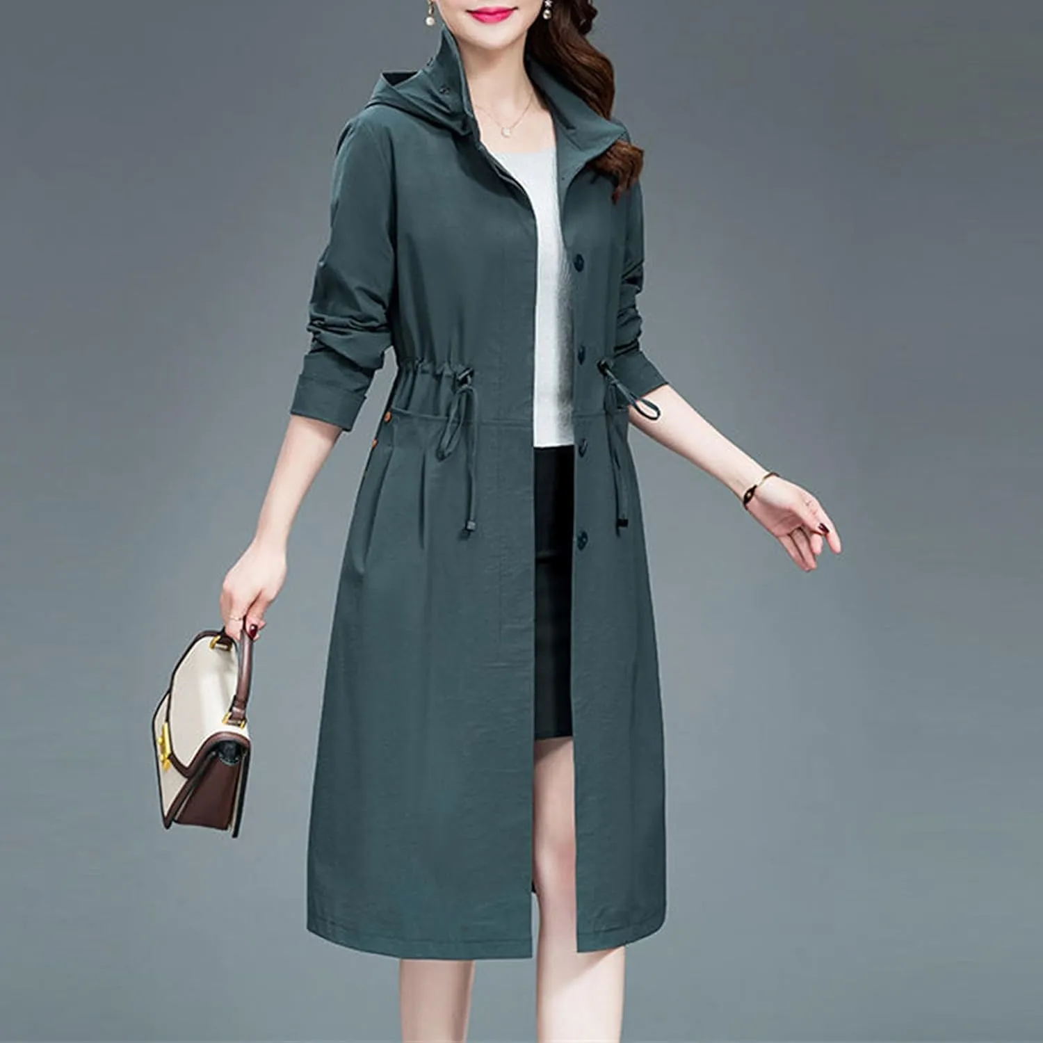 Women's Long Hooded Trench Coat Single Breasted Windproof Overcoat Spring Fall Fashion Windbreaker Long Jacket