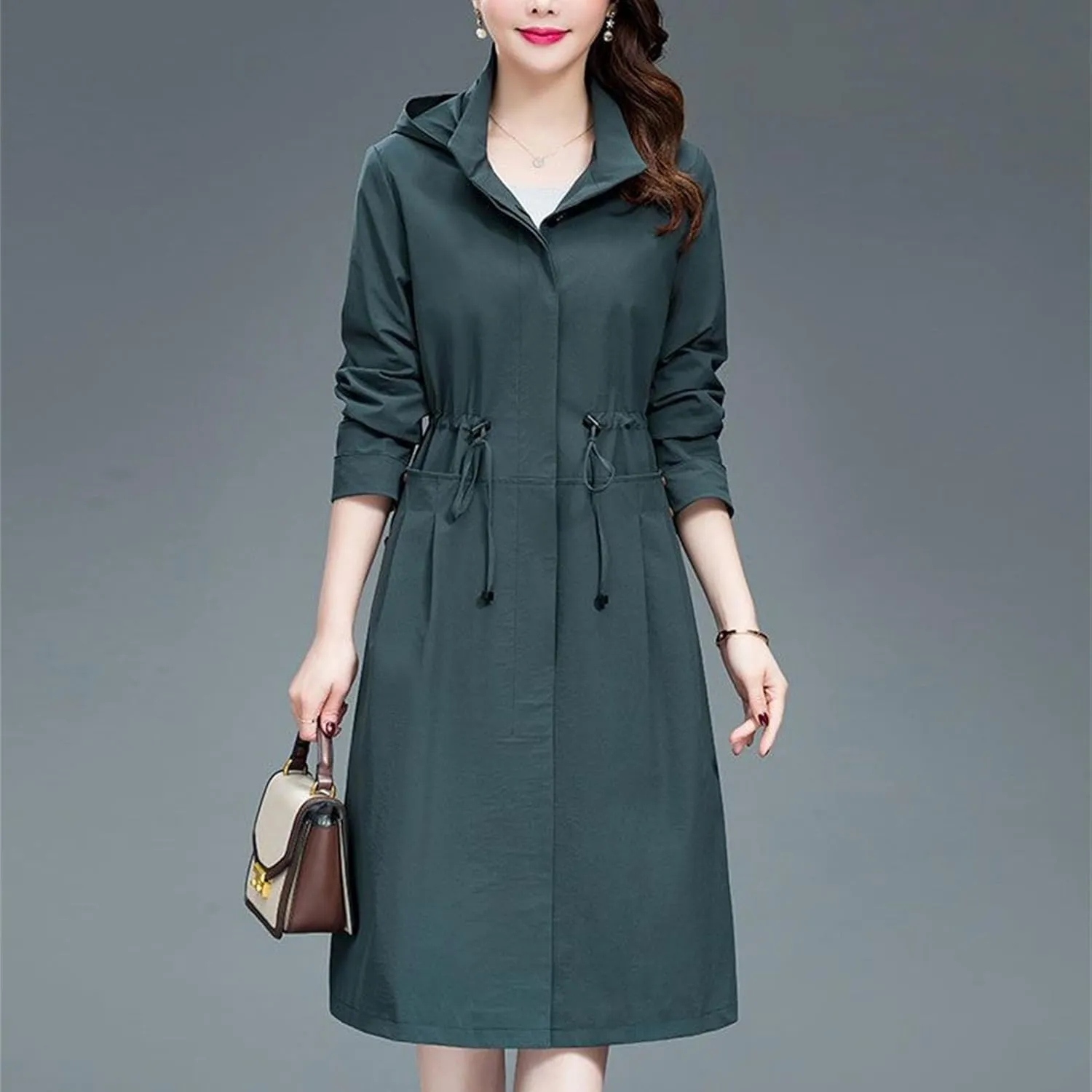 Women's Long Hooded Trench Coat Single Breasted Windproof Overcoat Spring Fall Fashion Windbreaker Long Jacket
