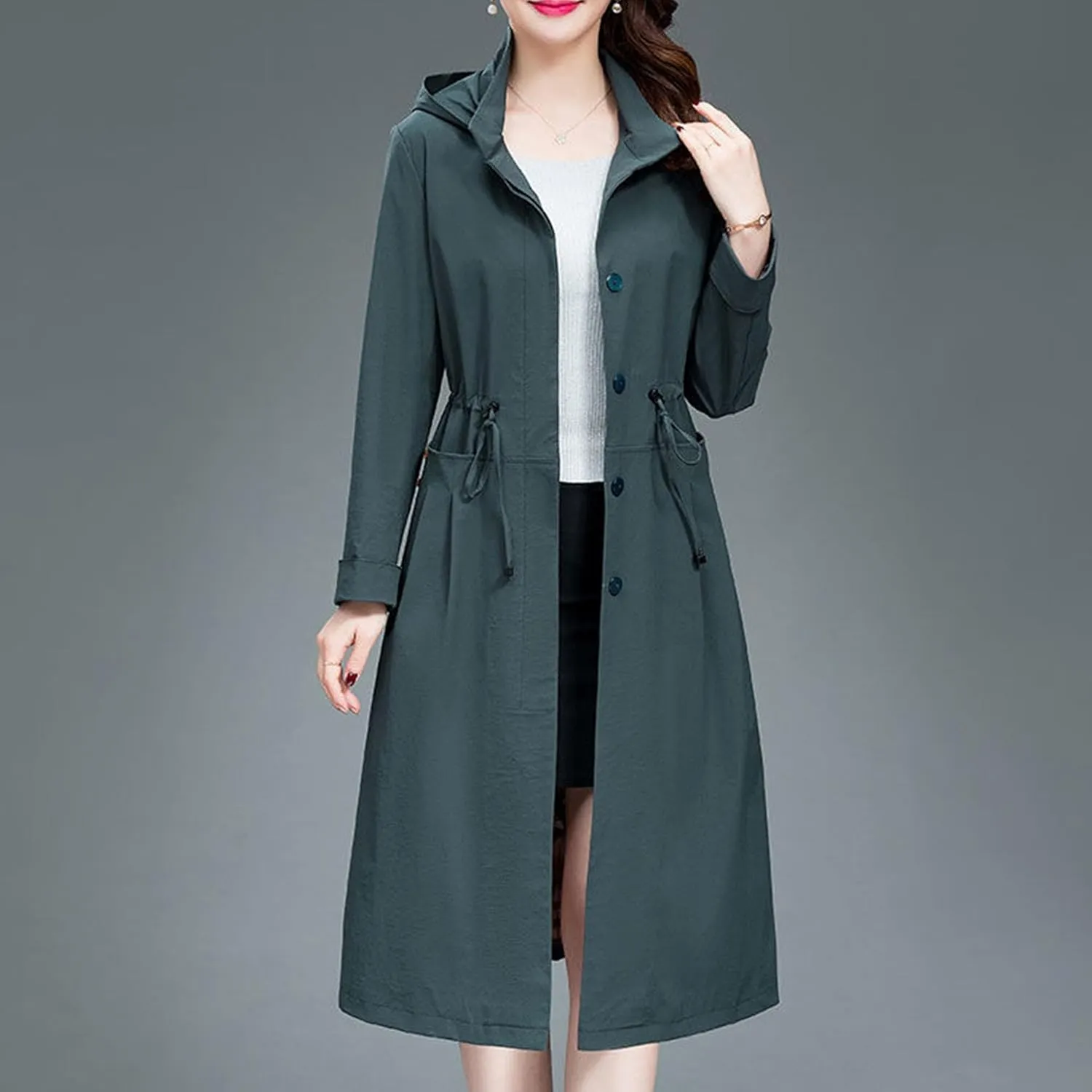 Women's Long Hooded Trench Coat Single Breasted Windproof Overcoat Spring Fall Fashion Windbreaker Long Jacket
