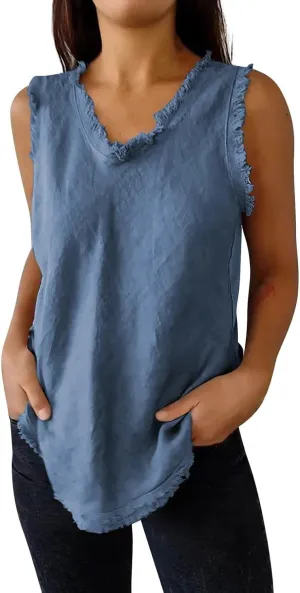 Womens Sleeveless Ruffled V Neck Vest Shirts Summer Cotton Linen Tank Tops Solid Color Raw Edge Hem Camisoles