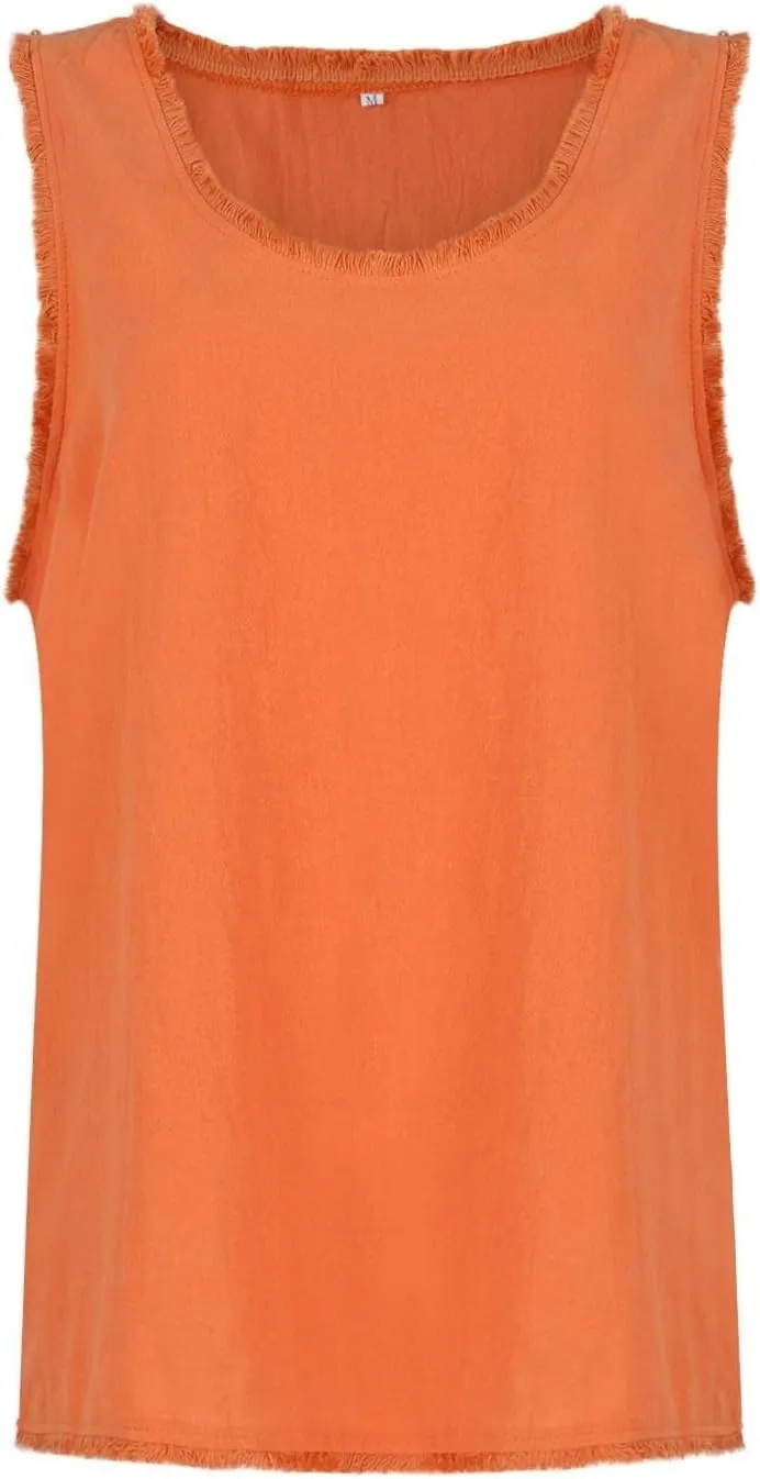 Womens Sleeveless Ruffled V Neck Vest Shirts Summer Cotton Linen Tank Tops Solid Color Raw Edge Hem Camisoles