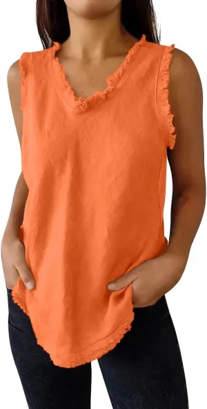 Womens Sleeveless Ruffled V Neck Vest Shirts Summer Cotton Linen Tank Tops Solid Color Raw Edge Hem Camisoles