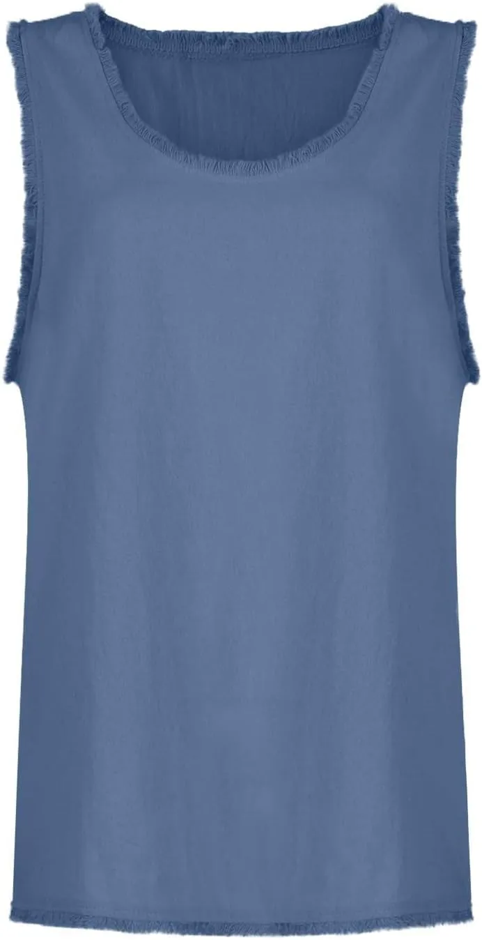 Womens Sleeveless Ruffled V Neck Vest Shirts Summer Cotton Linen Tank Tops Solid Color Raw Edge Hem Camisoles
