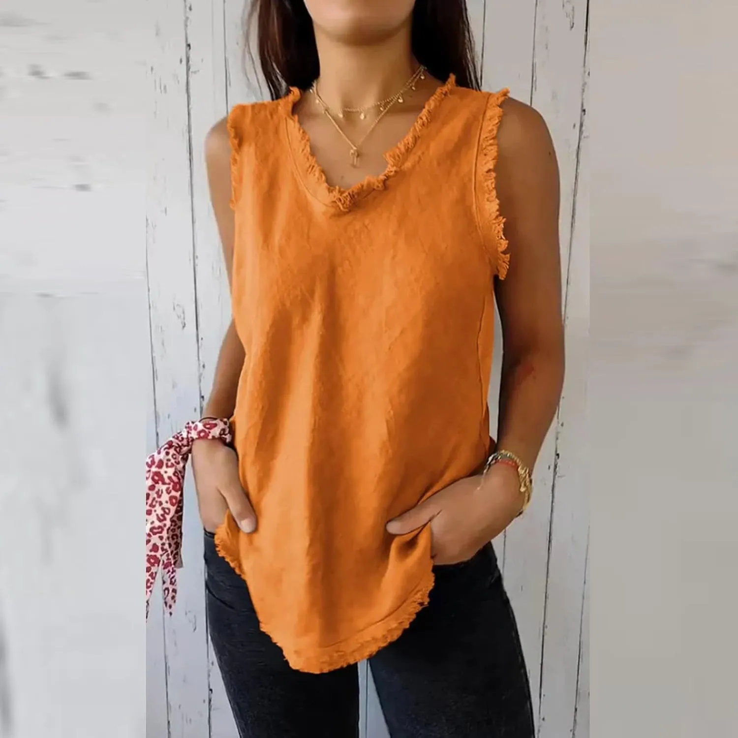 Womens Sleeveless Ruffled V Neck Vest Shirts Summer Cotton Linen Tank Tops Solid Color Raw Edge Hem Camisoles