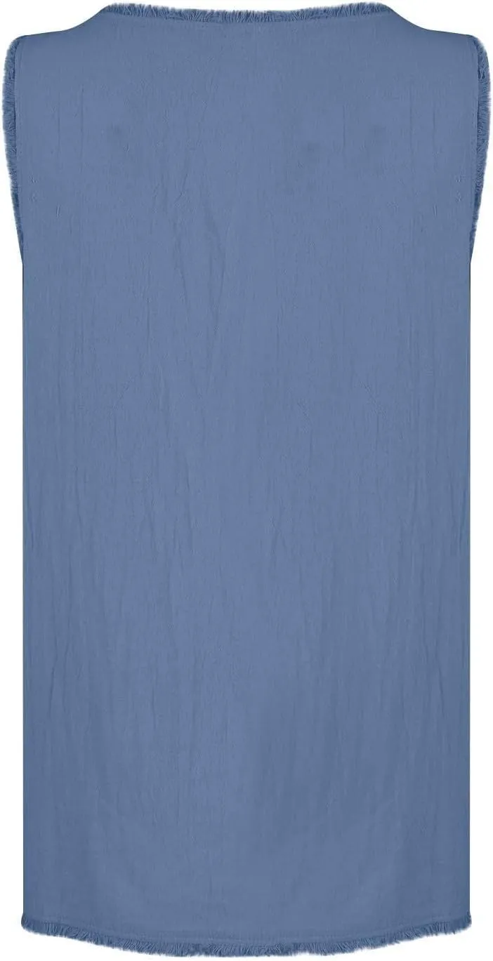 Womens Sleeveless Ruffled V Neck Vest Shirts Summer Cotton Linen Tank Tops Solid Color Raw Edge Hem Camisoles