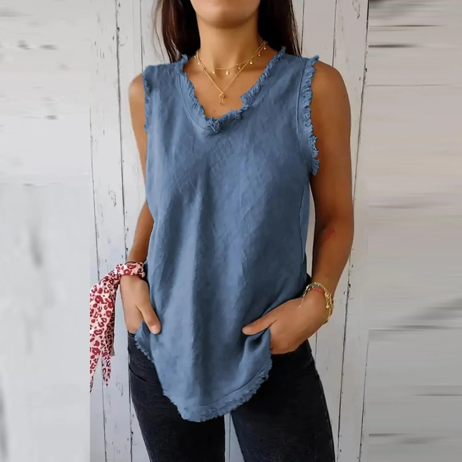 Womens Sleeveless Ruffled V Neck Vest Shirts Summer Cotton Linen Tank Tops Solid Color Raw Edge Hem Camisoles
