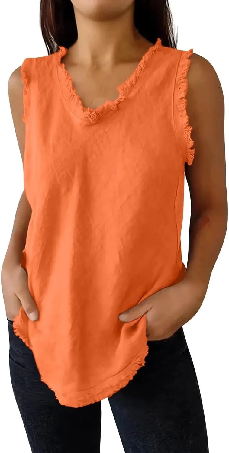 Womens Sleeveless Ruffled V Neck Vest Shirts Summer Cotton Linen Tank Tops Solid Color Raw Edge Hem Camisoles