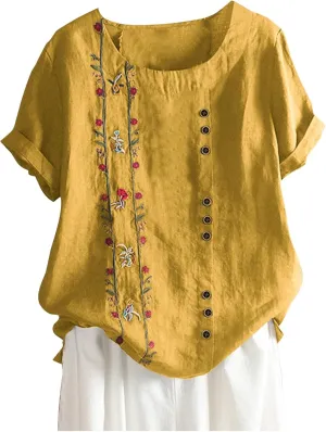 Womens Summer Tops Casual Cotton Linen T-Shirts Short Sleeve Round Neck Shirt Oversized Floral Graphic Tees