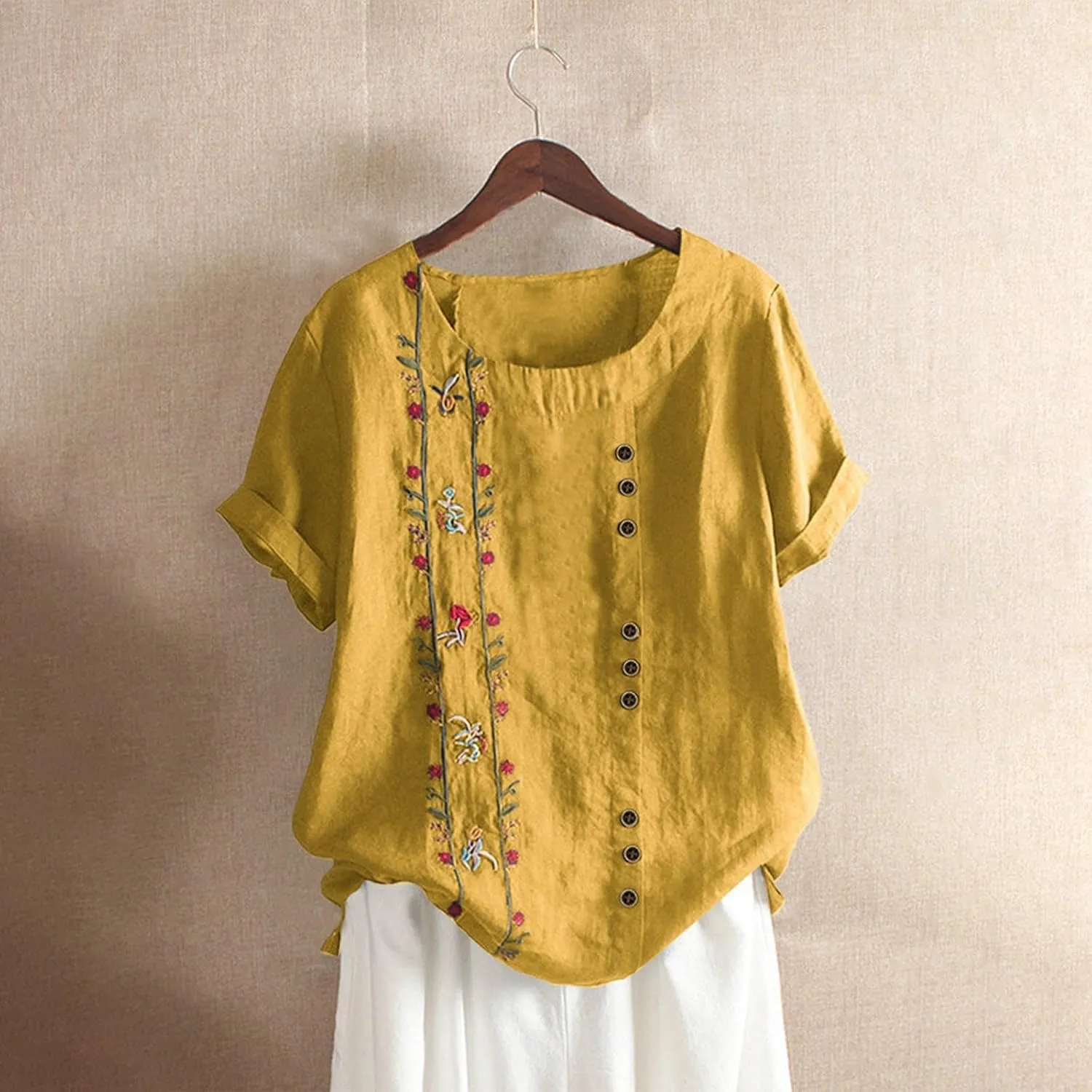 Womens Summer Tops Casual Cotton Linen T-Shirts Short Sleeve Round Neck Shirt Oversized Floral Graphic Tees