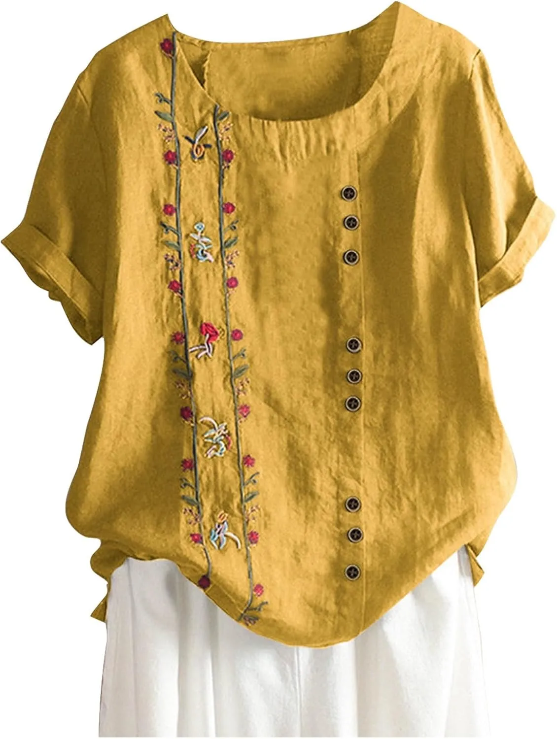 Womens Summer Tops Casual Cotton Linen T-Shirts Short Sleeve Round Neck Shirt Oversized Floral Graphic Tees