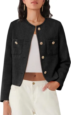 Women's Tweed Jackets Long Sleeve Business Button Down Casual Cropped Blazer with Pockets