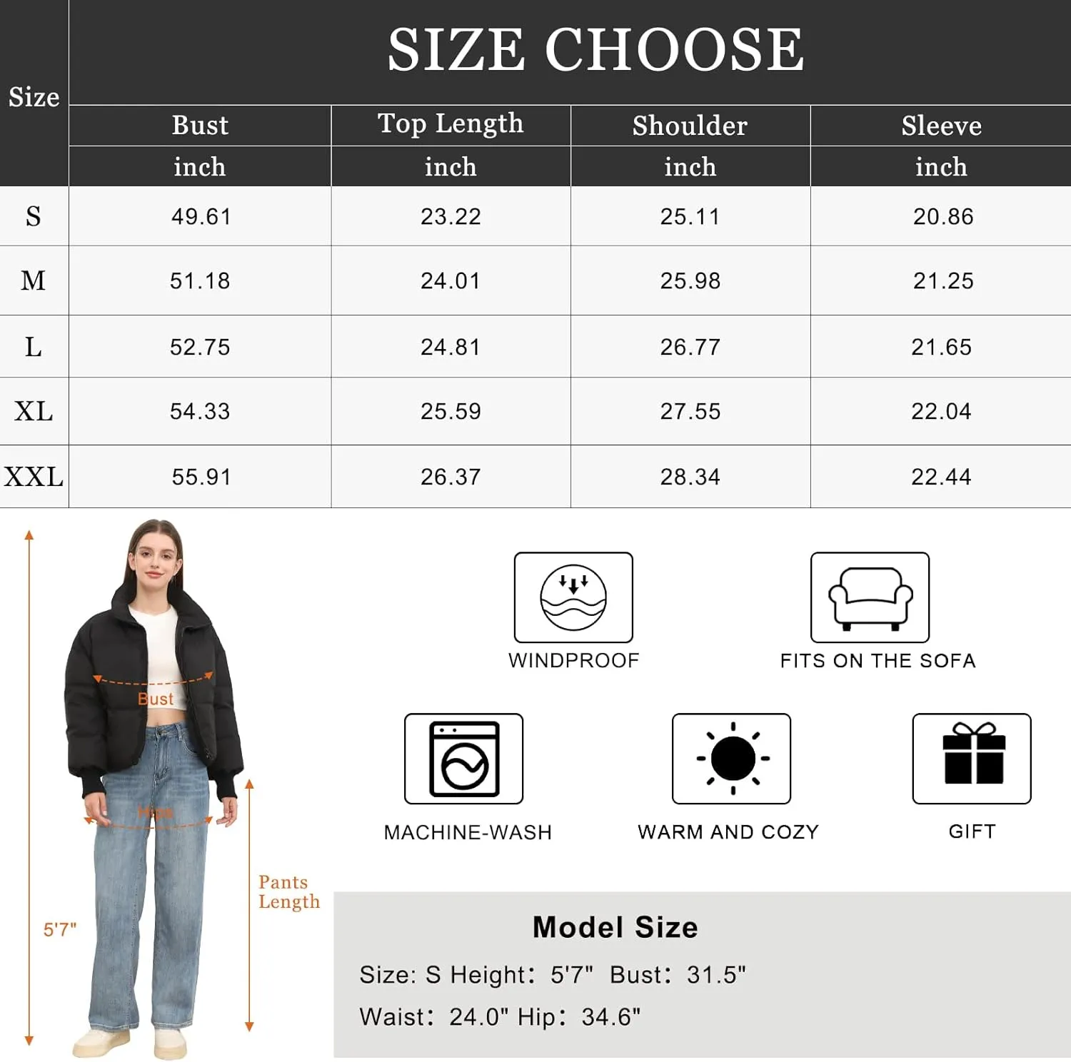 Womens Winter Cropped Puffer Jacket Coat Casual Quilted Baggy Long Sleeve Zip Down Jackets Outerwear