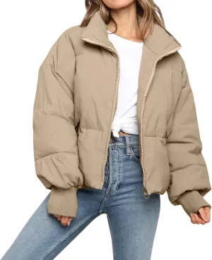 Womens Winter Cropped Puffer Jacket Coat Casual Quilted Baggy Long Sleeve Zip Down Jackets Outerwear
