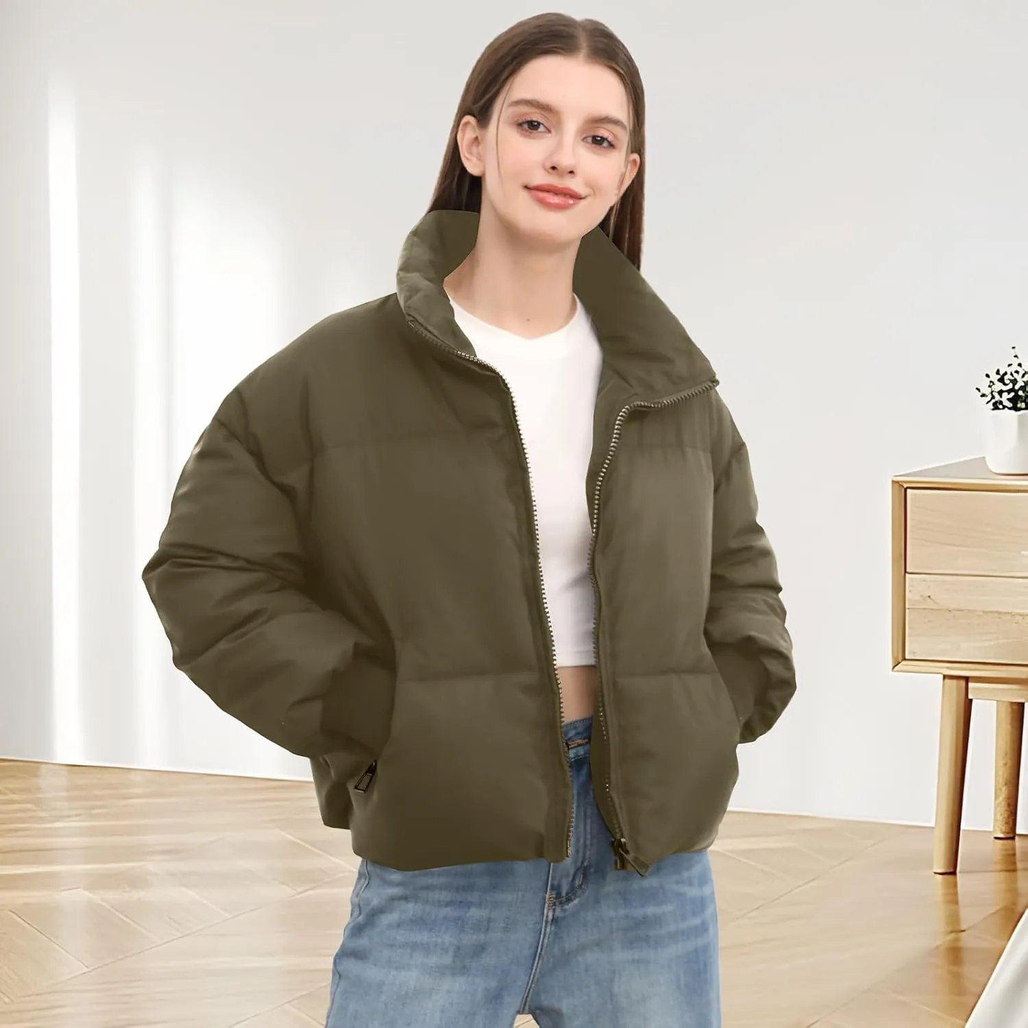 Womens Winter Cropped Puffer Jacket Coat Casual Quilted Baggy Long Sleeve Zip Down Jackets Outerwear