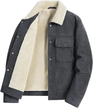 XYGJZ Men's Corduroy Jacket Sherpa Lined Turn-Down Collar Trucker Jackets