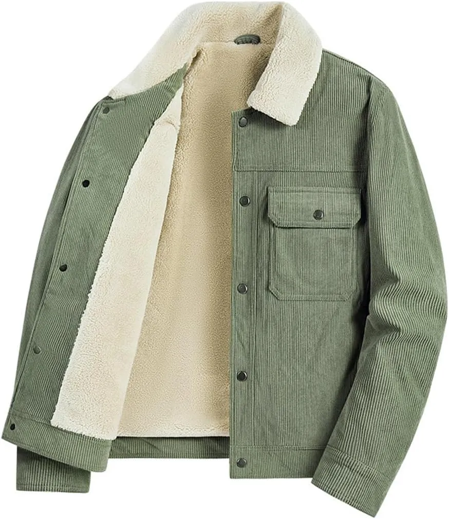 XYGJZ Men's Corduroy Jacket Sherpa Lined Turn-Down Collar Trucker Jackets